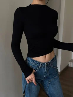 New Mock Neck Slinky Long Sleeve Ribbed Knit Crop Shirt Crop Tops|T-shirts