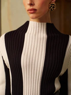 Outlet Mock Neck Two-Tone Pinstripe Ribbed Sweater Knitwear|Tops