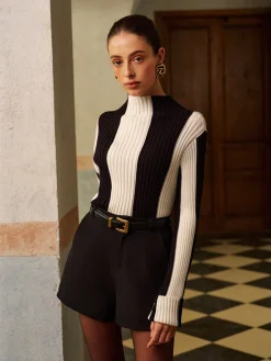 Outlet Mock Neck Two-Tone Pinstripe Ribbed Sweater Knitwear|Tops