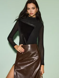 Sale Mock Neck Velvet Mesh Slim Top Tops