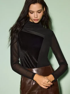 Sale Mock Neck Velvet Mesh Slim Top Tops