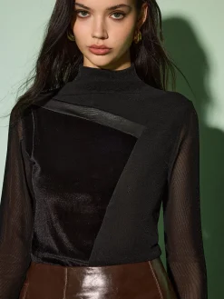 Sale Mock Neck Velvet Mesh Slim Top Tops