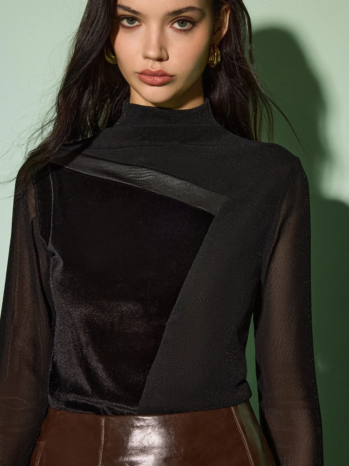 Sale Mock Neck Velvet Mesh Slim Top Tops