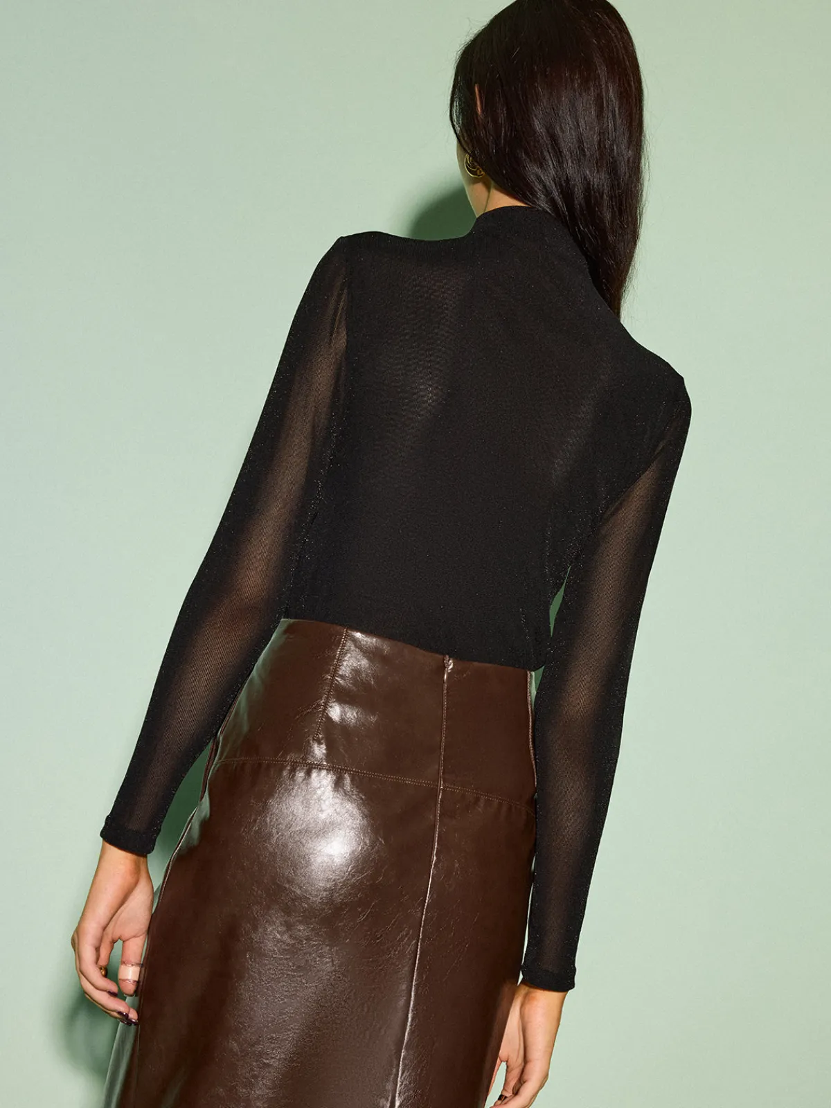 Sale Mock Neck Velvet Mesh Slim Top Tops