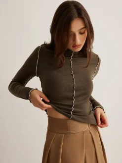 Hot Mock Neck Wave-Piping Jersey Top T-shirts|Tops