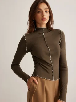 Hot Mock Neck Wave-Piping Jersey Top T-shirts|Tops