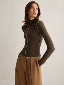 Hot Mock Neck Wave-Piping Jersey Top T-shirts|Tops
