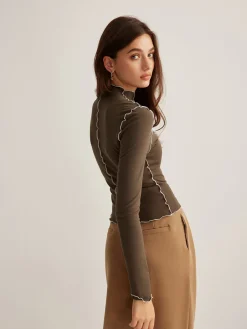 Hot Mock Neck Wave-Piping Jersey Top T-shirts|Tops