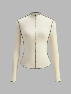 Hot Mock Neck Wave-Piping Jersey Top T-shirts|Tops