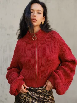 Mock Neck Zipper Short Cardigan Cardigans|Sweaters & Cardigans