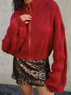 Mock Neck Zipper Short Cardigan Cardigans|Sweaters & Cardigans