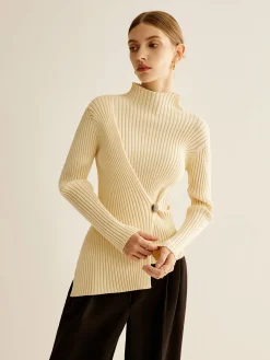 Mock-Neck Ribbed Cinched Sweater Sweater Tops|Sweaters & Cardigans
