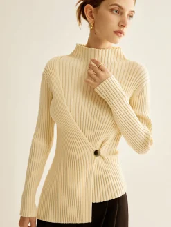 Mock-Neck Ribbed Cinched Sweater Sweater Tops|Sweaters & Cardigans