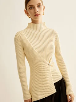Mock-Neck Ribbed Cinched Sweater Sweater Tops|Sweaters & Cardigans