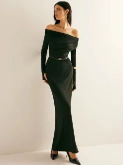Discount Modal Off-Shoulder Ruched Dress Without Belt Black Dresses|Casual Dresses