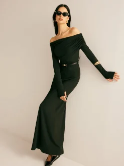 Discount Modal Off-Shoulder Ruched Dress Without Belt Black Dresses|Casual Dresses