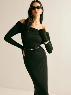 Discount Modal Off-Shoulder Ruched Dress Without Belt Black Dresses|Casual Dresses