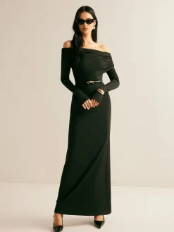 Discount Modal Off-Shoulder Ruched Dress Without Belt Black Dresses|Casual Dresses