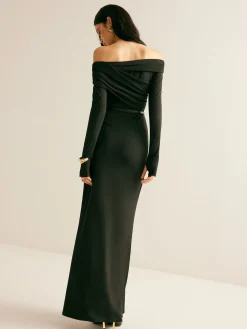 Discount Modal Off-Shoulder Ruched Dress Without Belt Black Dresses|Casual Dresses