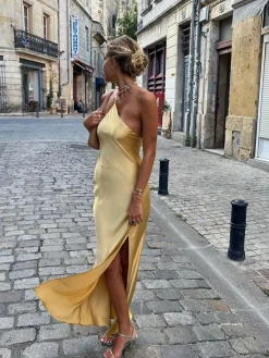 Sale Moonlight Open Back Satin Slit Long Dress Cocktail & Party Dresses|Summer Dresses