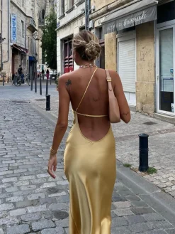 Sale Moonlight Open Back Satin Slit Long Dress Cocktail & Party Dresses|Summer Dresses