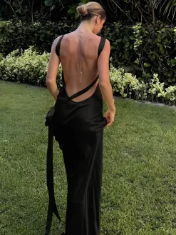 Clearance Moonlight Satin Dress Asymmetrical One Shoulder Long Dress Black Dresses|Casual Dresses
