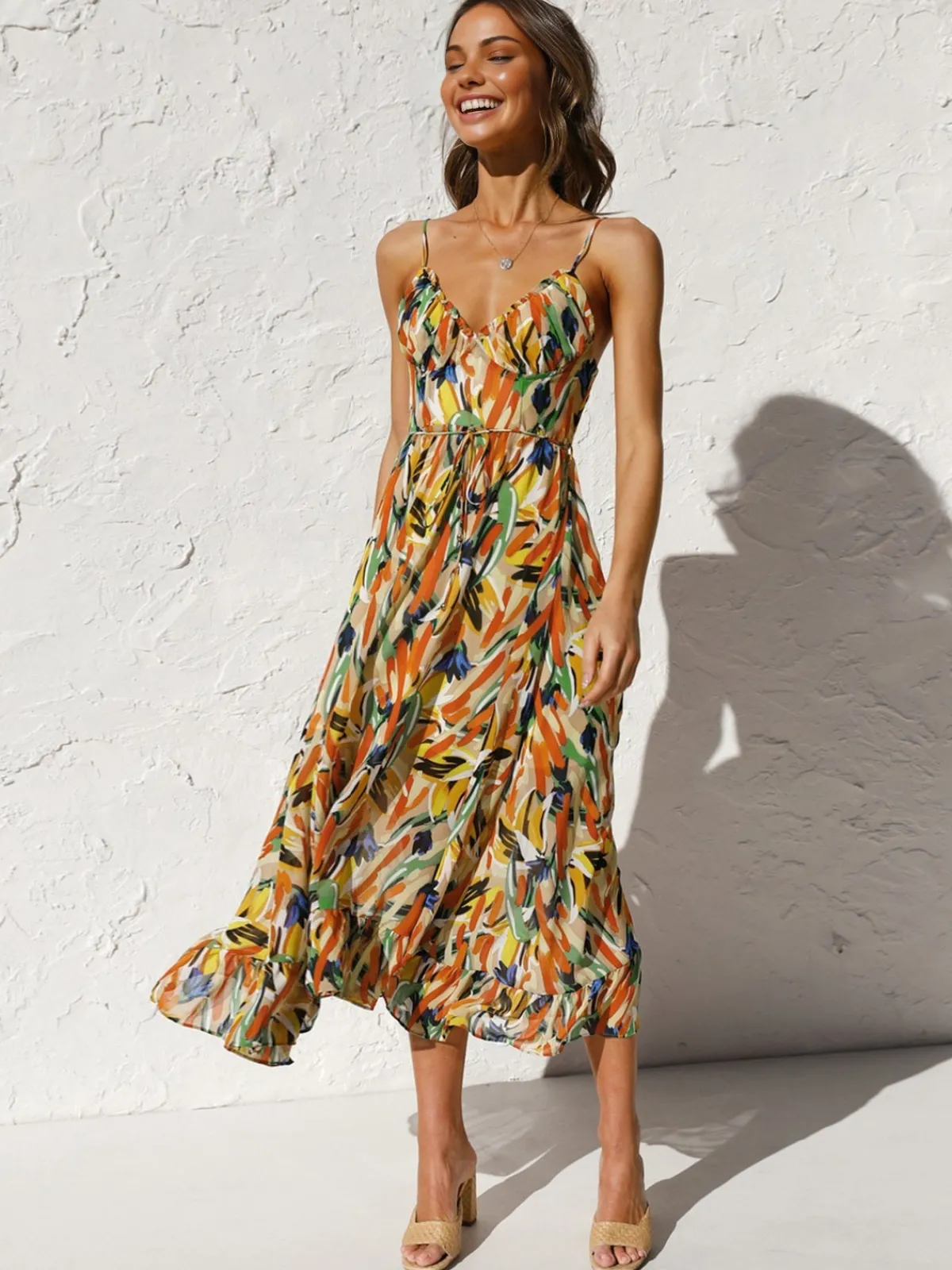 Sale Multi Color Print Cami Midi Dress Casual Dresses|Vacation Dresses