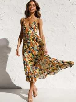 Sale Multi Color Print Cami Midi Dress Casual Dresses|Vacation Dresses