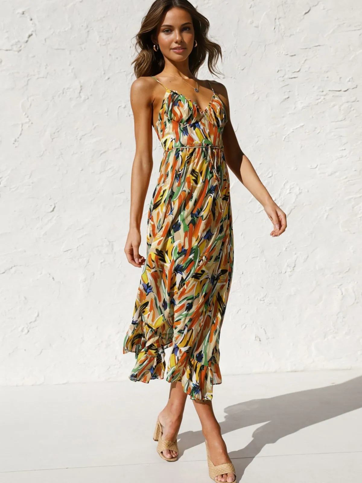 Sale Multi Color Print Cami Midi Dress Casual Dresses|Vacation Dresses