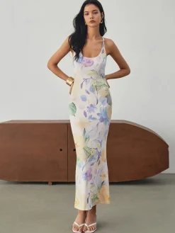 Online Multi Floral Print Backless Long Dress Floral Dresses|Vacation Dresses