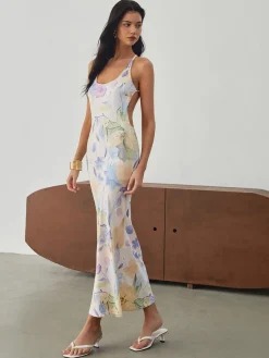 Online Multi Floral Print Backless Long Dress Floral Dresses|Vacation Dresses