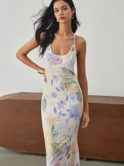 Online Multi Floral Print Backless Long Dress Floral Dresses|Vacation Dresses