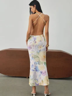 Online Multi Floral Print Backless Long Dress Floral Dresses|Vacation Dresses