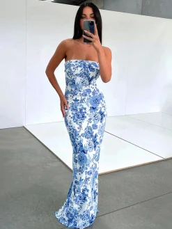 Hot Multi Floral Split Long Dress Casual Dresses|Floral Dresses