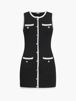 Discount Multi Pocket Button Sleeveless Short Sweater Dress White Dresses|Black Dresses