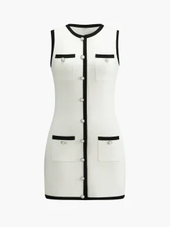 Discount Multi Pocket Button Sleeveless Short Sweater Dress White Dresses|Black Dresses