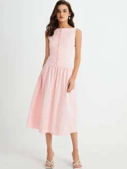 Multi-Button Sleeveless Pleated Midi Dress Casual Dresses|Work Dresses