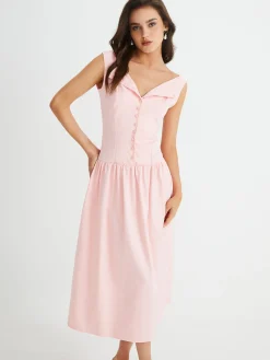 Multi-Button Sleeveless Pleated Midi Dress Casual Dresses|Work Dresses