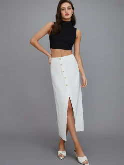 Online Multi-Button Split Middle Waist Maxi Skirt Skirts|Bottoms