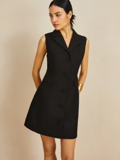 New Muti-Button Collared Short Dress Black Dresses|Casual Dresses