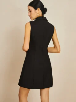 New Muti-Button Collared Short Dress Black Dresses|Casual Dresses