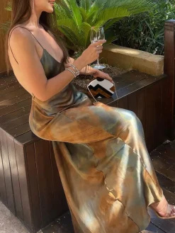Clearance Neptune Satin Open Back Long Dress Casual Dresses|Summer Dresses