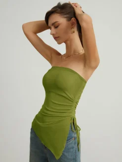 Best Oblique Drawstring Mesh Cover Up Tube Top Tank Tops & Camis|Tops