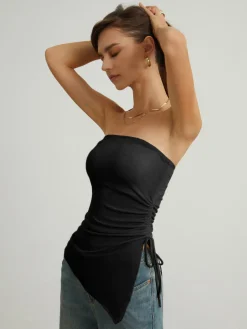 Best Oblique Drawstring Mesh Cover Up Tube Top Tank Tops & Camis|Tops