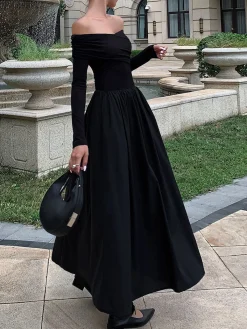 Sale Off Shoulder Criss Cross Long Dress Black Dresses|Casual Dresses