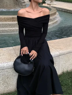 Sale Off Shoulder Criss Cross Long Dress Black Dresses|Casual Dresses