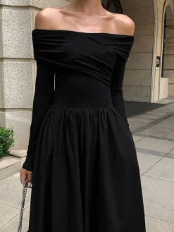 Sale Off Shoulder Criss Cross Long Dress Black Dresses|Casual Dresses
