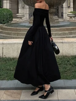 Sale Off Shoulder Criss Cross Long Dress Black Dresses|Casual Dresses