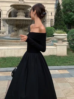 Sale Off Shoulder Criss Cross Long Dress Black Dresses|Casual Dresses