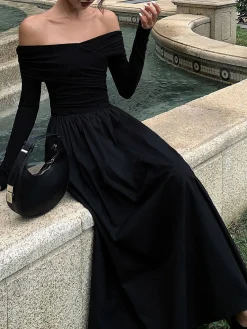Sale Off Shoulder Criss Cross Long Dress Black Dresses|Casual Dresses